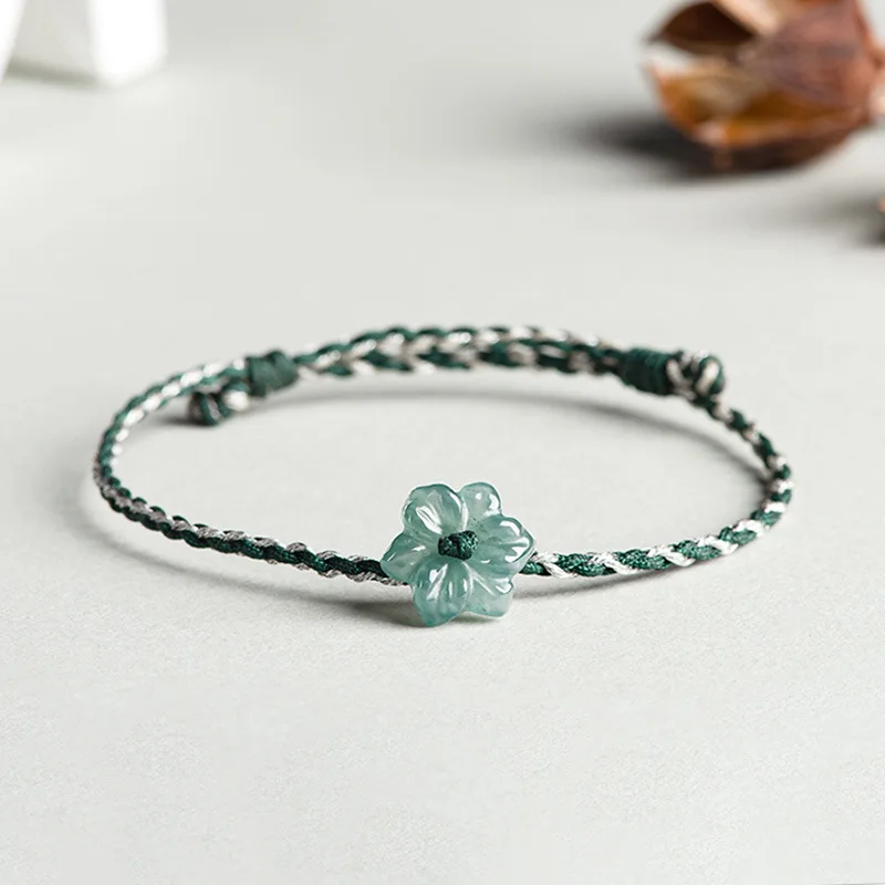 Natural Type A Jadeite Blue Water Orchid Bracelet Handmade Woven Cord 