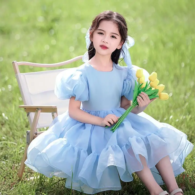 Vestido de verano para bebé, ropa de manga hinchada, tutú de tul, Color sólido, Vestidos de princesa para niña de 2 a 7 años