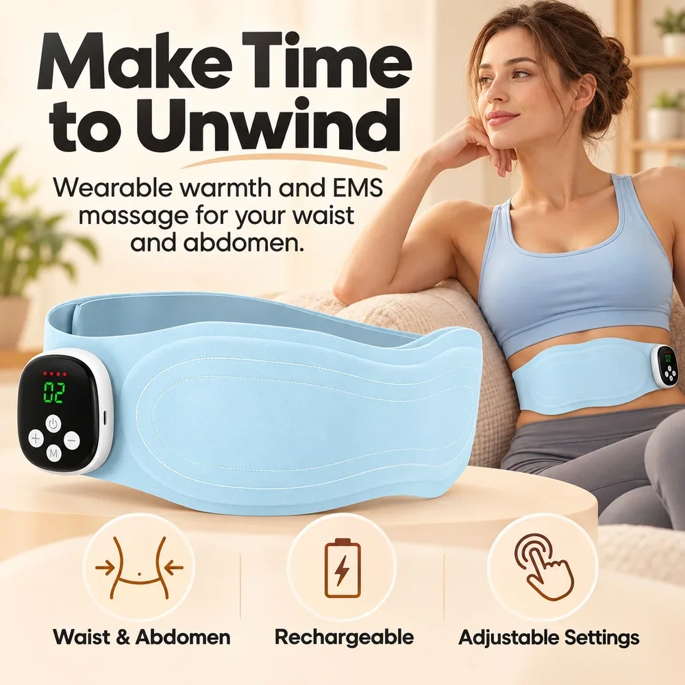 EMS Massage Belt, Electric Waist and Abdominal Massager, 8 Modes 19 Levels, Rechargeable Heating Belt for Home Office Relaxation