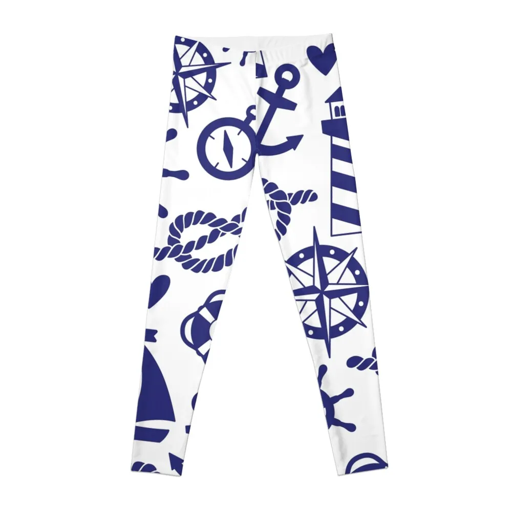 Blue and White Nautical Pattern Leggings workout shorts harem pants for girls sports tennis for Womens Leggings