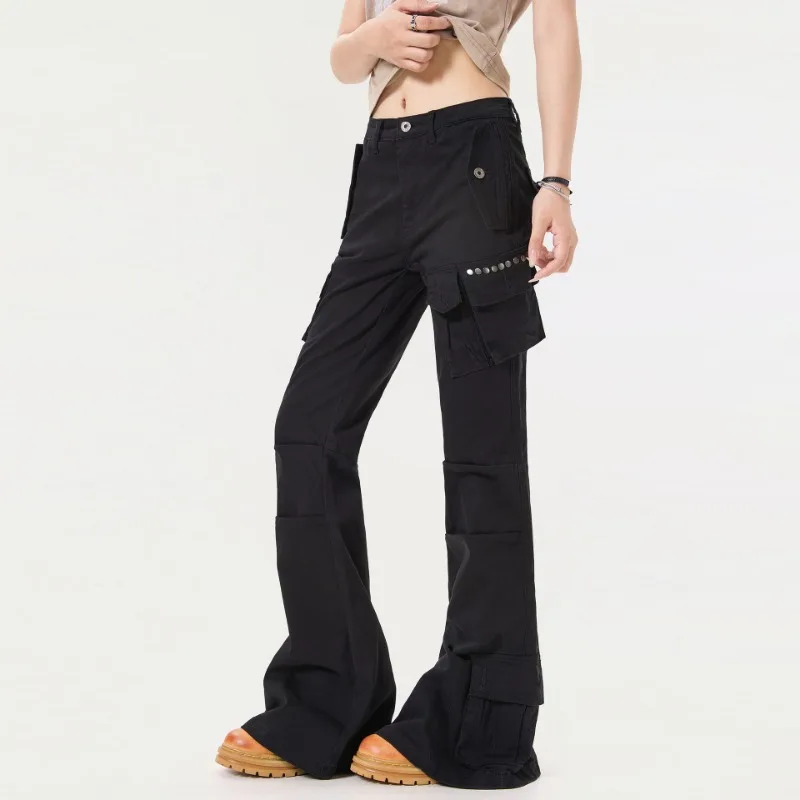 OR FL American Retro Y2k Micro 98 Cotton Women Cargo Trousers Double Layer Fold Design Sense Horn Wide Leg Pants Women's Slacks