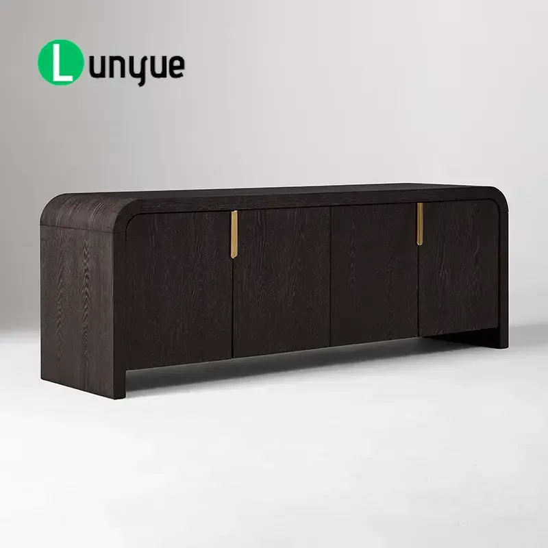 Modern Minimalist Curved Black Oak TV Cabinet 4 Door Wooden Locker with Golden Handle Luxury Living Room Furniture Storage