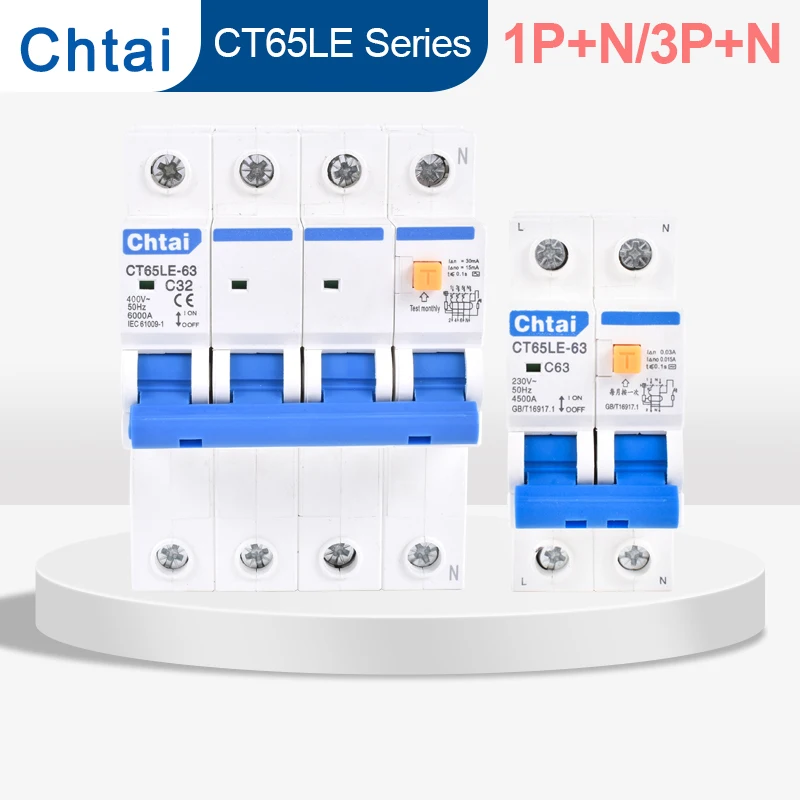 

CT65LE-63 230V 2P 4P 63A RCBO RCCB RCD Residual Current Breaker 30mA AC 50HZ Overload Short Circuit, Leakage Protection Protect