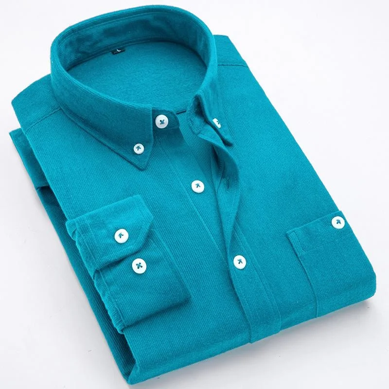 Fashion Mens Corduroy Shirts Solid Color Long Sleeve Cotton Casual Shirt Men Business Work Shirt