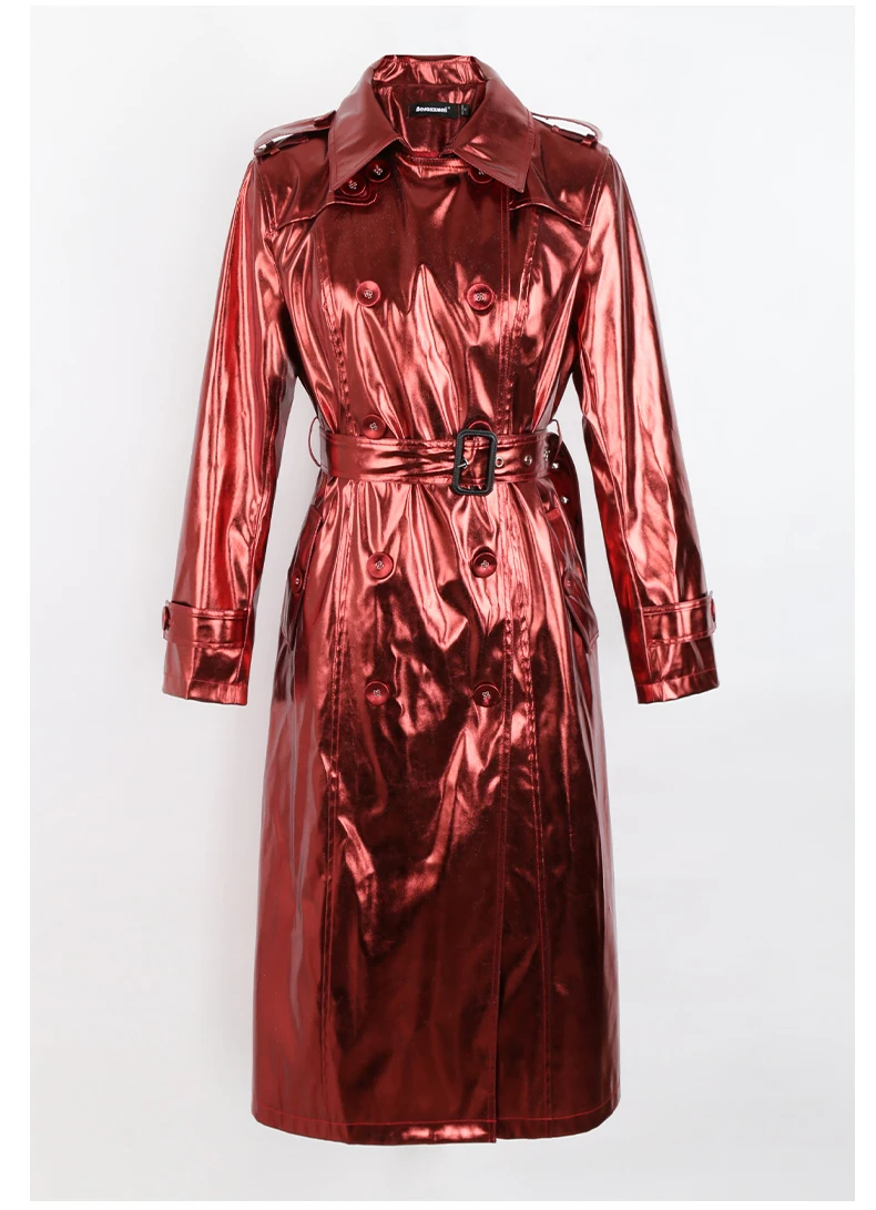Nerazzurri Spring Autumn Long Shiny Reflective Patent Leather Trench Coat for Women Sashes Double Breasted European Fashion 2022