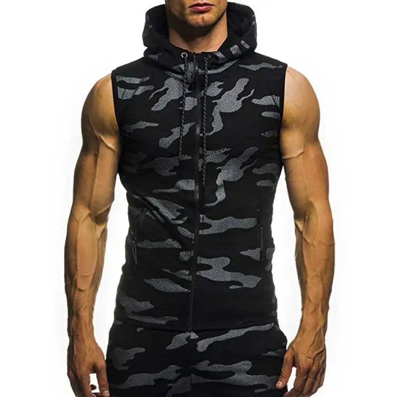 Male Summer Sweatshirt Men Slim Tank Top Camouflage Gyms Fitness Zipper Hooded Vest Sleeveless Hoodie Tops Tees MY078