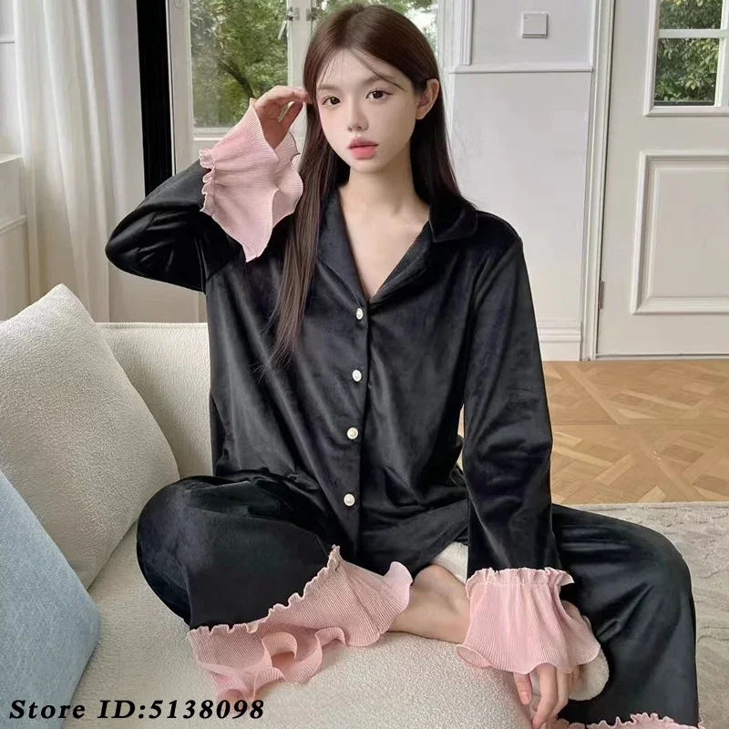 Velour Nightwear Ruffled Patchwork Pajamas Women's Autumn Winter Luxury Sleepwear Top&pants 2PCS Pijamas Velvet Leopard Homewear