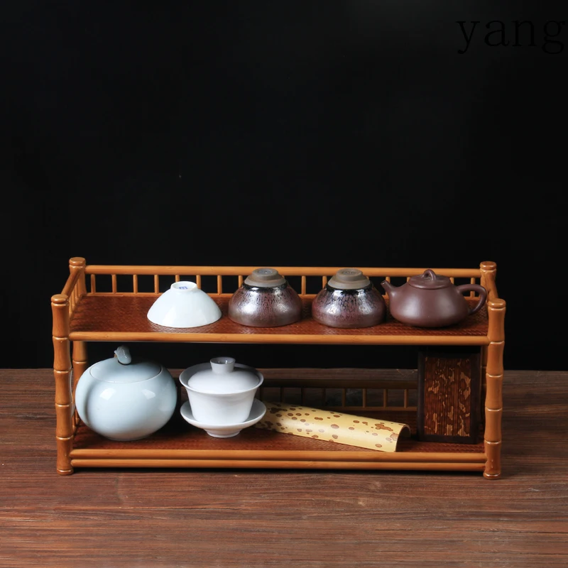 Yjq bamboo tea set storage double-layer tea cup holder mat surface tea shed bogu finishing storage rack