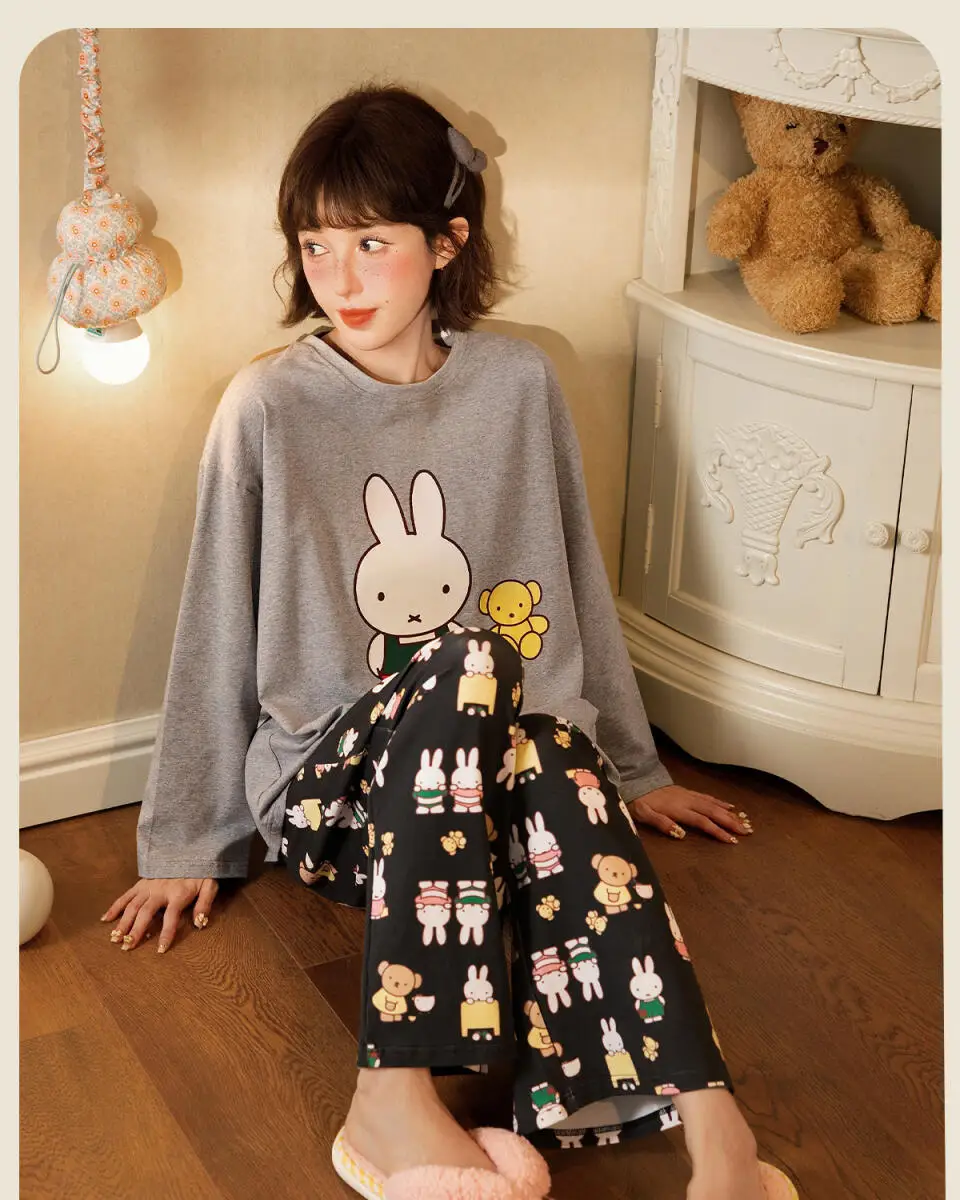 Le donne degli indumenti da notte Miffy possono indossare set di abiti da casa stampati in puro cotone a maniche lunghe primaverili e autunnali