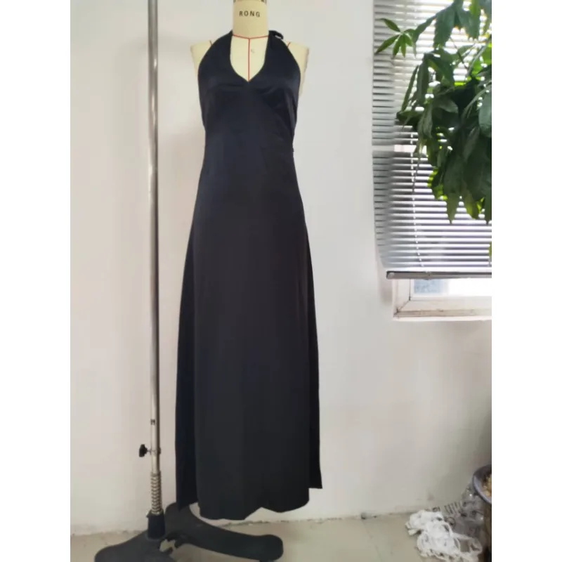 Women Satin Solid Color Deep V-Neck Bow Tie-Up Halter Neck BacklessSummer Fashion Sleeveless Casual A-line Tank Dress