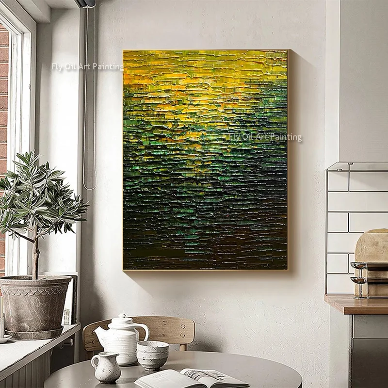New Fashional Design Handmade Knife Thick Coloful Canvas Wall Art Large Home Decor Items Abstract Green Texture Oil Painting