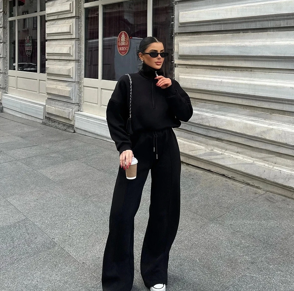 طقم بدلة رياضية نسائية بنصف سحاب، سويت شيرت قصير برقبة عالية، بنطال واسع الساق، كاجوال فضفاض مكون من قطعتين