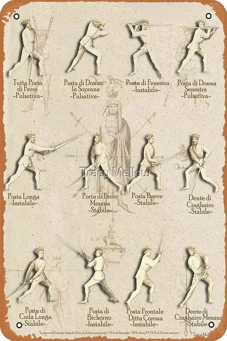 Longsword Positions - Fiore dei Liberi Getty Poster Metal Tin Sign 8X12 Inches Man Cave Retro Vintage Wall Decor Art sign