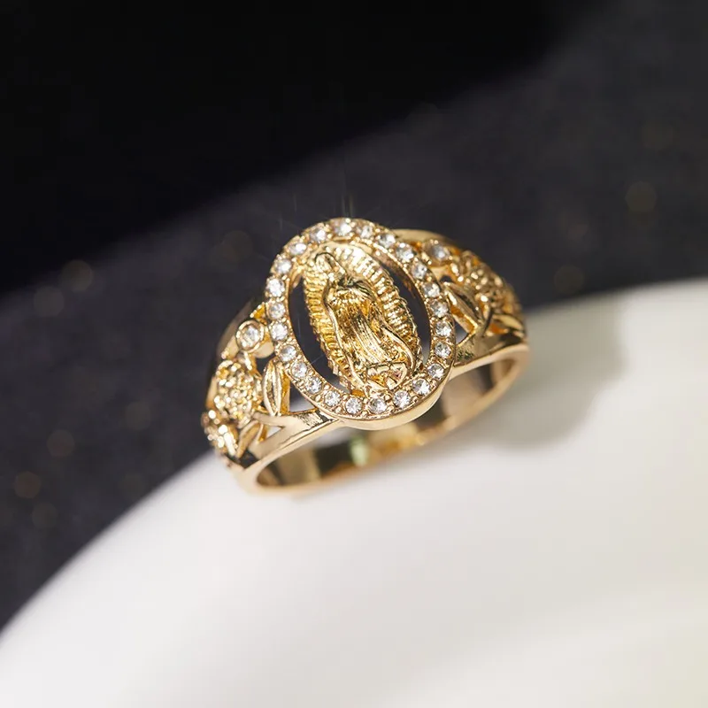 Classic Hip Hop Punk Gold Color Skeleton Flower Oval Mary Portrait Ring Unisex Fashion Party Jewelry Accessories