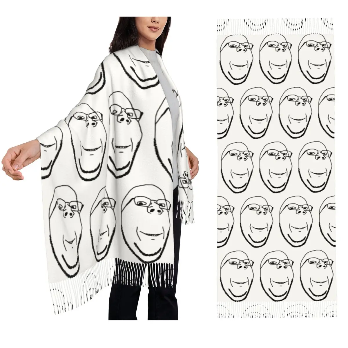 

Smiling Wholesome Wojak Soyjak Scarf Tassel Scarves Women Soft Warm Shawls and Wraps Large Fall Winter Shawl Wrap