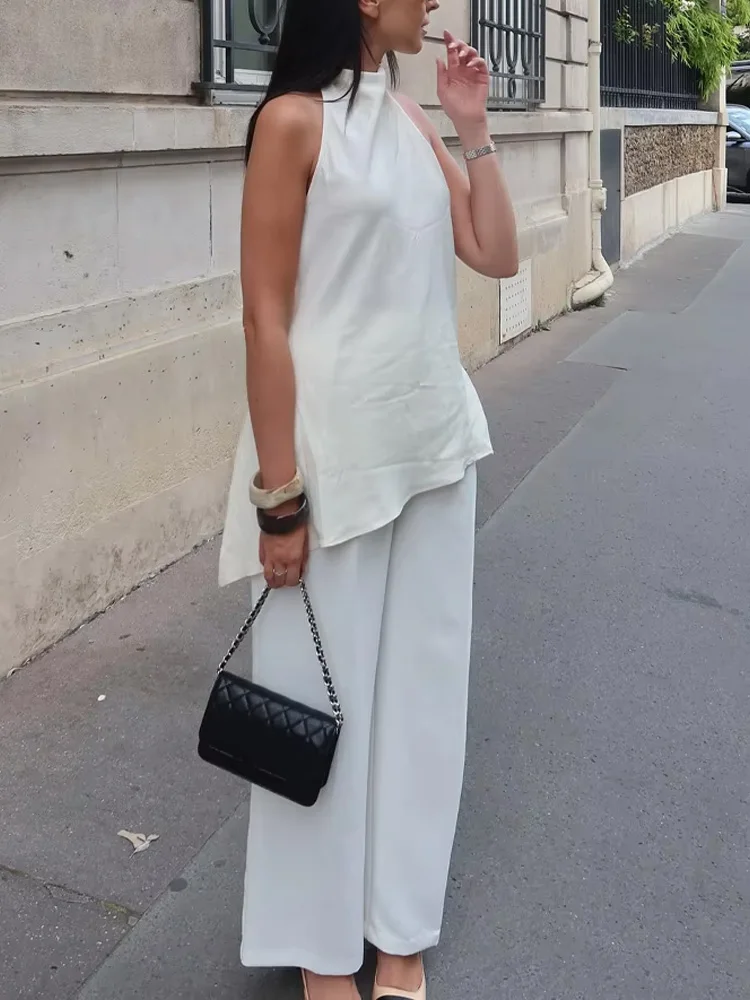 

HH женские летние комплекты бежевый топ без рукавов с открытой спиной и украшением + длинные брюки с высокой талией на шнурке женский модный костюм