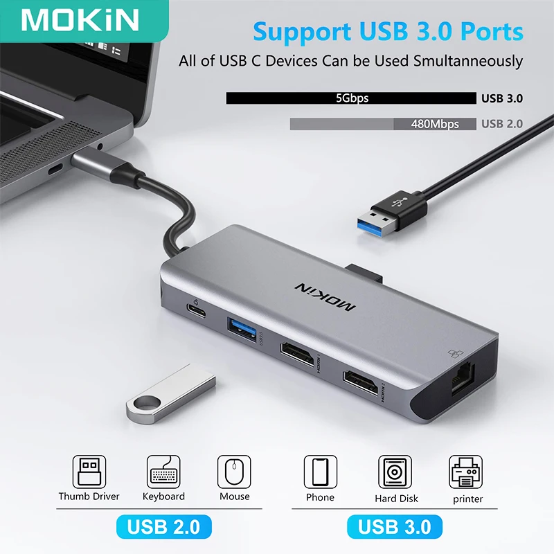 Imagem -05 - Mokn-usb c Laptop Docking Station em Triple Display Adaptador Multiport Hub tipo c com Hdmi 100wpd para Lenovo Surface Laptop