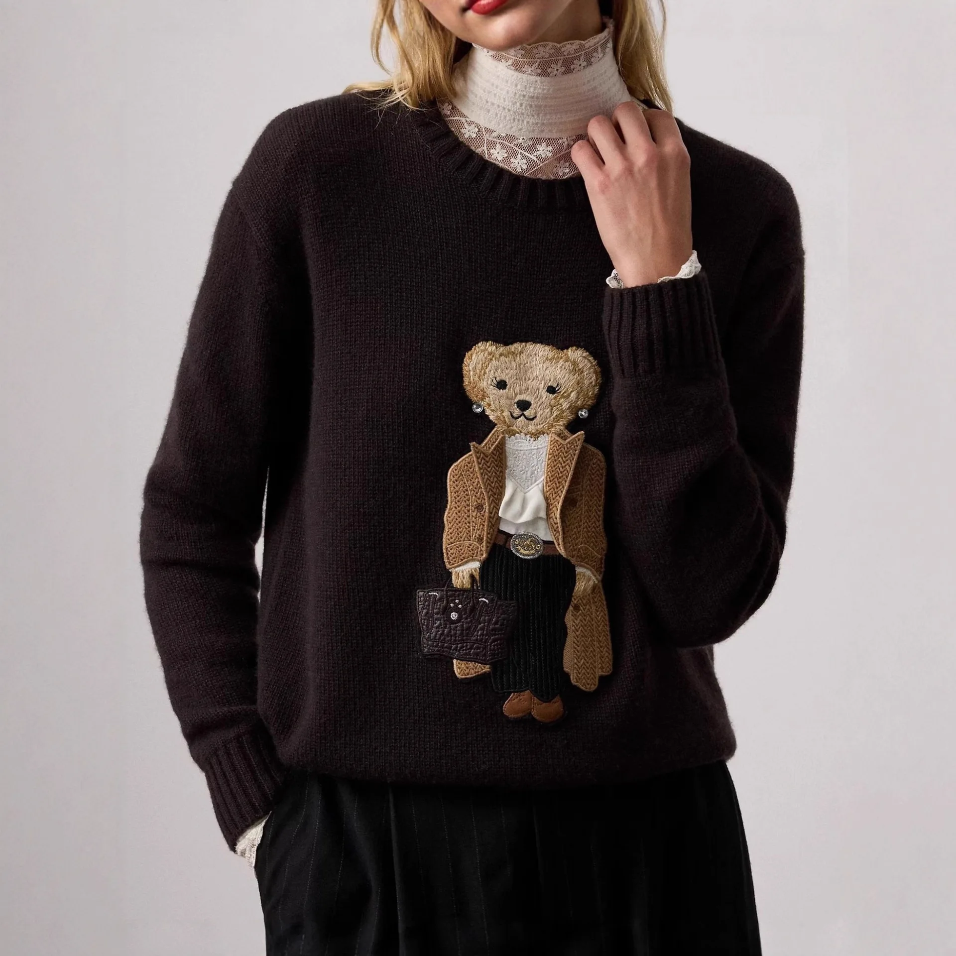 Retro Faion grensoverschrijdende gebreide trui rond Ne katoenen borduurtop leeftijdverlagend cartoonontwerp herfst winter nieuwe collectie