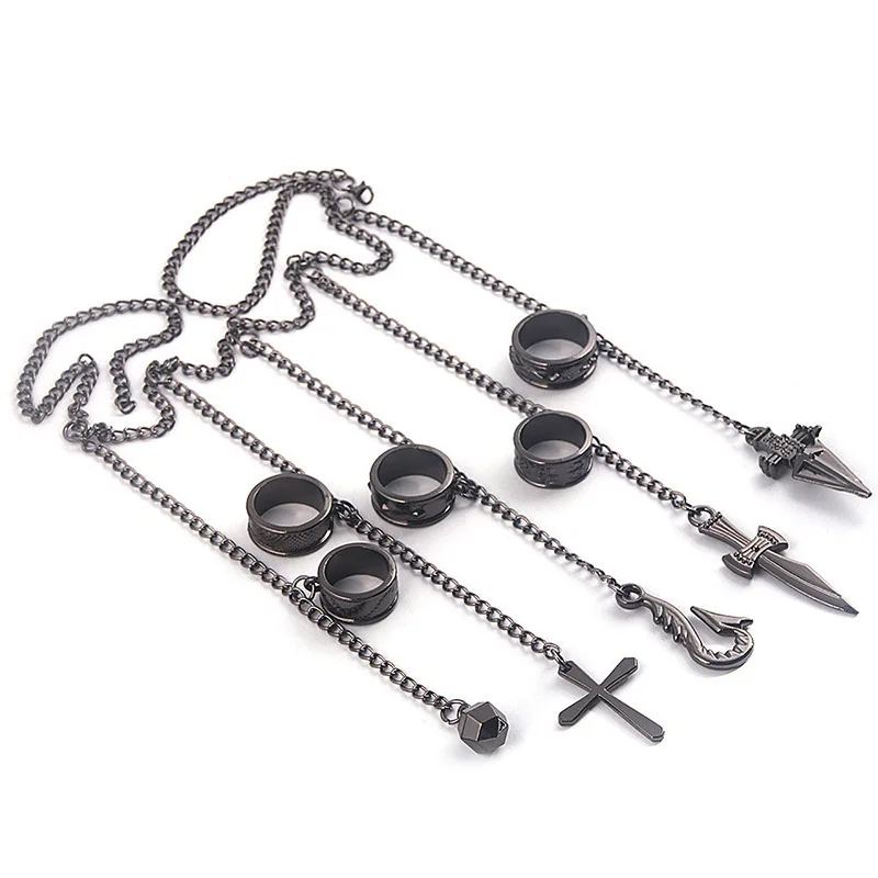 Hunter x Hunter Kurapika Rings Cartoon Anime Cosplay Costume Prop Metal Ring Accessories Sword Fish Hook Pendant Chain Jewelry