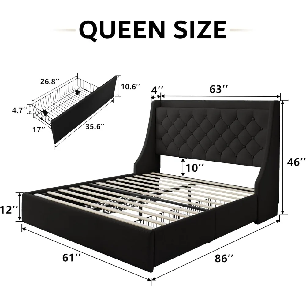 Queen Bed Frame with 4 Storage Drawers, Upholstered Platform Bed Frame with Type-C & USB Ports, No Box Spring Needed, Black