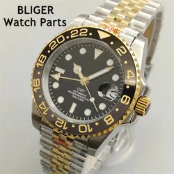 BLIGER 40mm GMT Men Mechanical Wristwatch NH34 Watch Sapphire Glass Ceramic Bezel Letters Black Dial Stainless Steel Bracelet