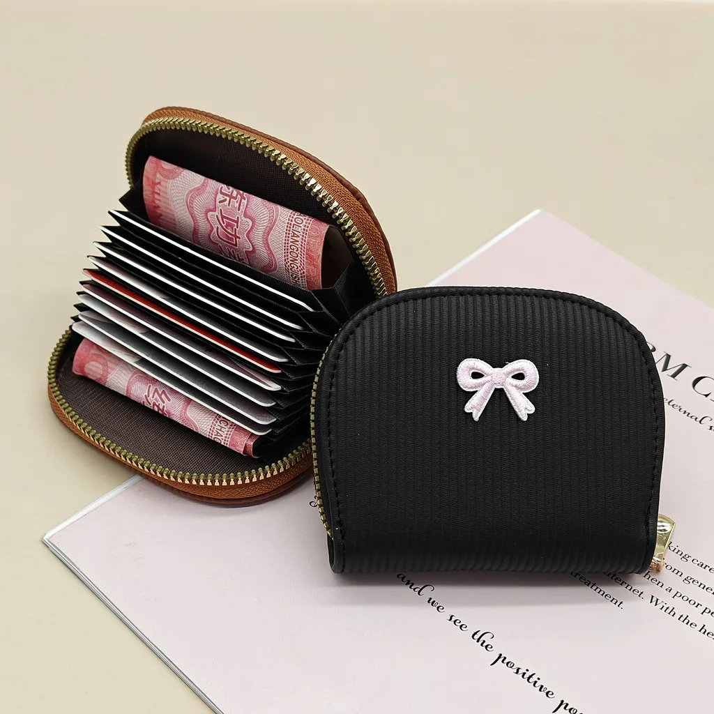 Women's Compact Striped PU Leather Card Holder Wallet Bow Decor Small Coin Purse for Daily Use