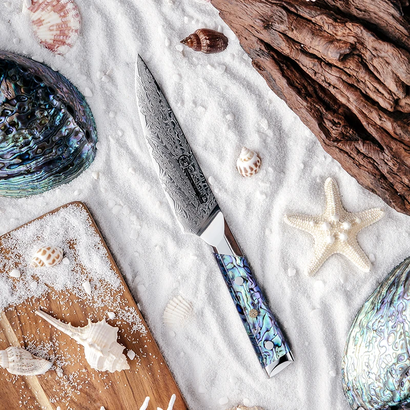

Damascus Kitchen Knife AUS10 Japanese Damascus Steel Chef Knife Utility Petty Tomato Slicing Cooking Tools Abalone shall Handle