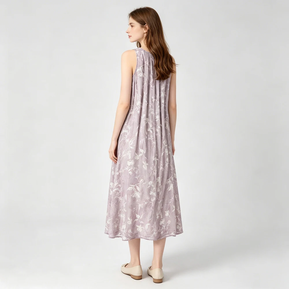 Heavy Industry Elegant Purple Natural Mulberry Silk Extended Women's Casual Summer Round Neck Sleeveless Dress