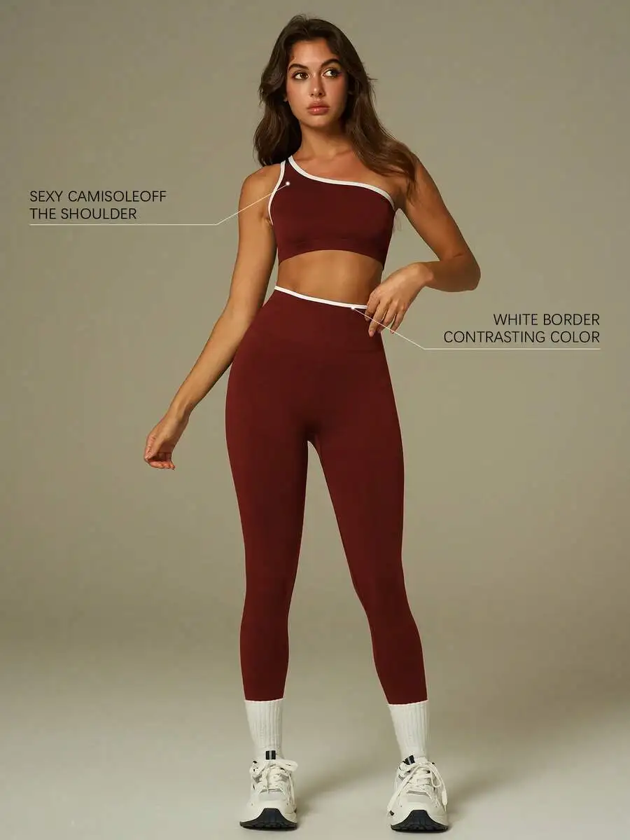 Conjunto de camisola y leggings para mujer, sujetador deportivo de un solo hombro con ribete blanco, ropa de yoga sin costuras de cintura alta