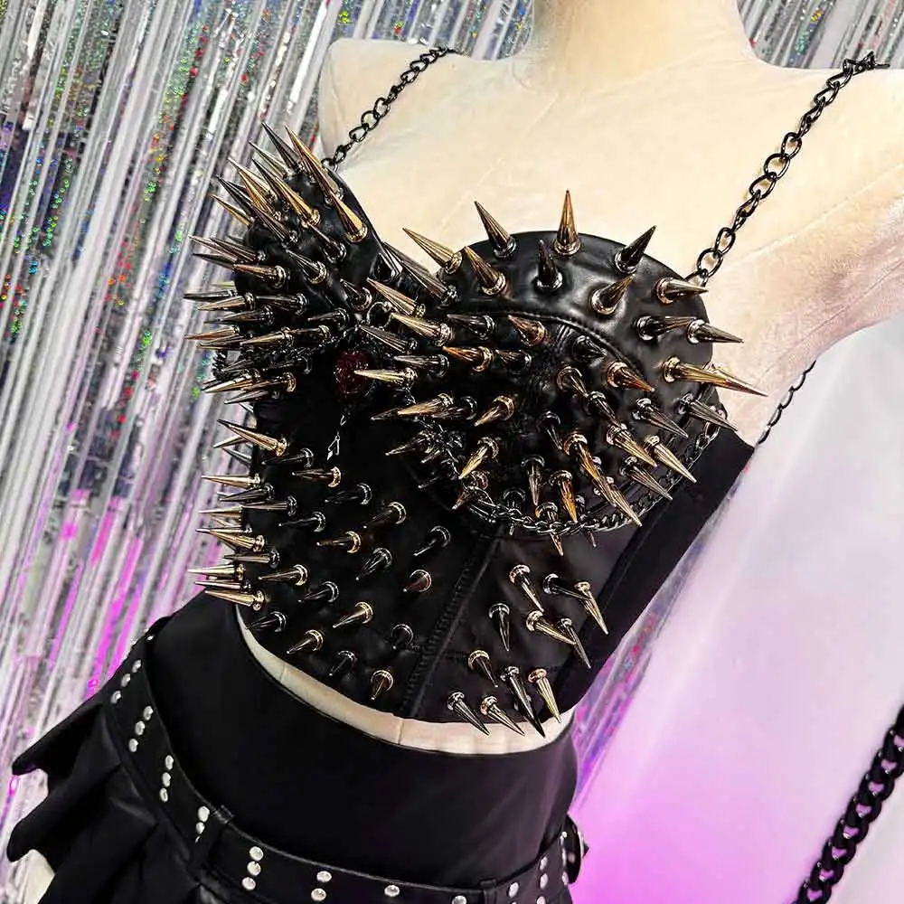 Gothic Eco Harajuku Emo Spike Studded Rivet Grunge PU Leather Punk Rock DIY Y2K Halter Camisole TOPS E-Girls Chian Goth