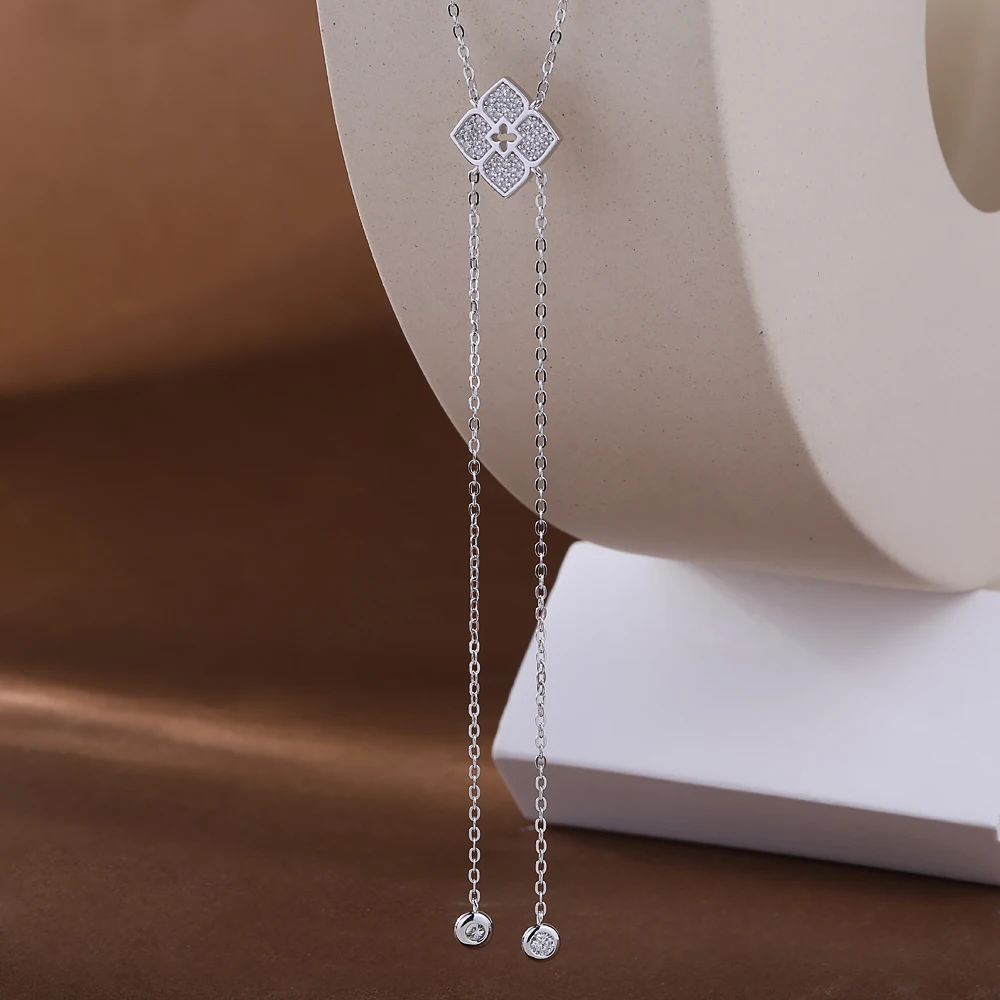 Four-leaf Clover Moissanite Lariat Pendant Necklace for Women 925 Sterling Silver Y-Shape Long Tassel Drop Necklaces Bracelet - view 6
