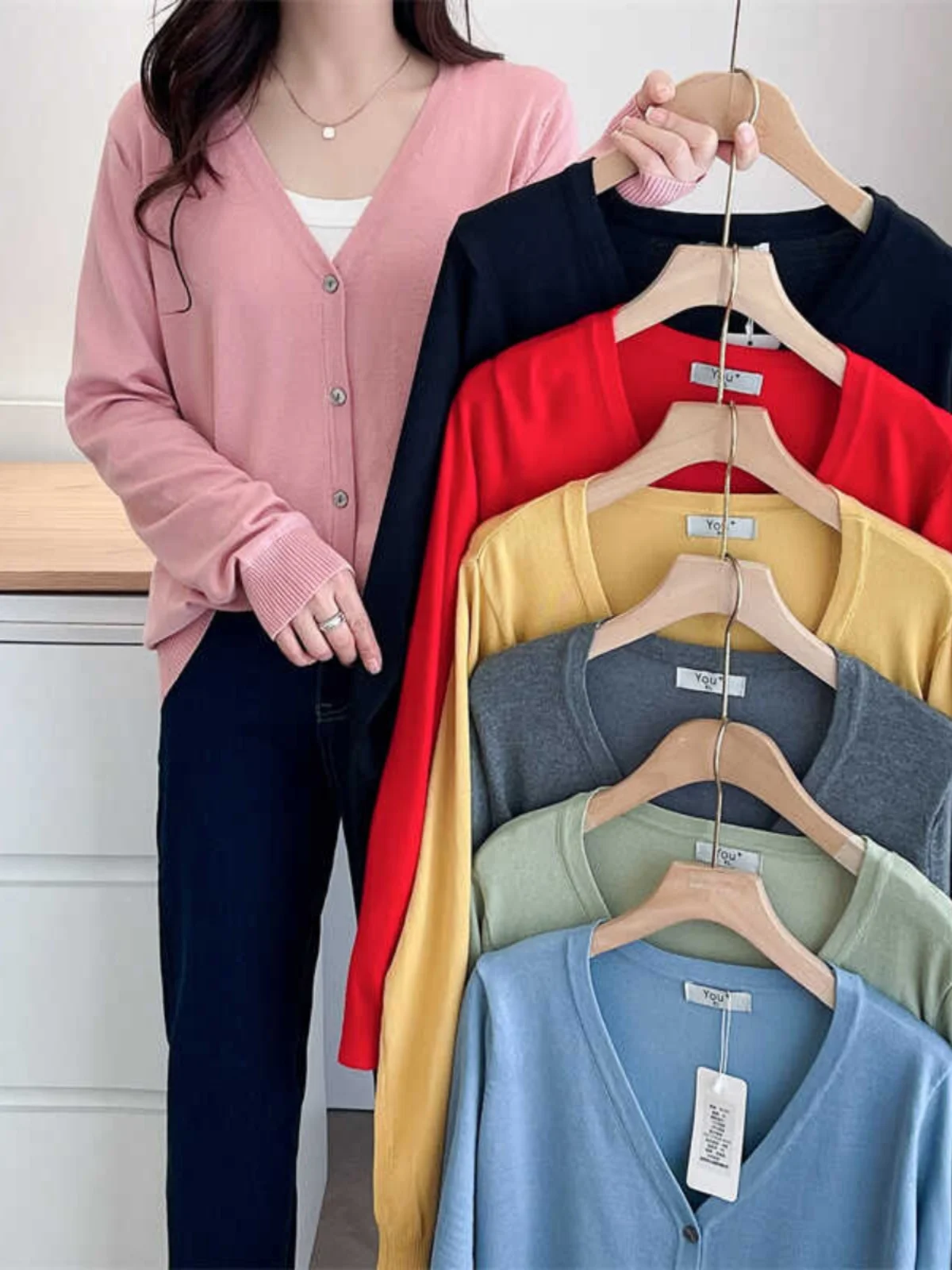 

Fashionable Large Size V-Neck Basic Knitwear Pure Color Sweater Open Cardigan Korean Style Loose Fit Long Sleeve Polyester Fiber
