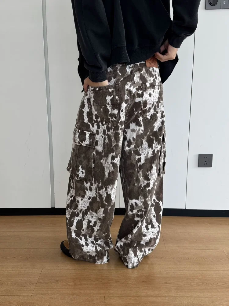 2026 American Retro Y2K Style Leopard Baggy Cargo Women's Jeans Pants For Woman Clothing Wide Leg New Rock Gothic Long Trousers