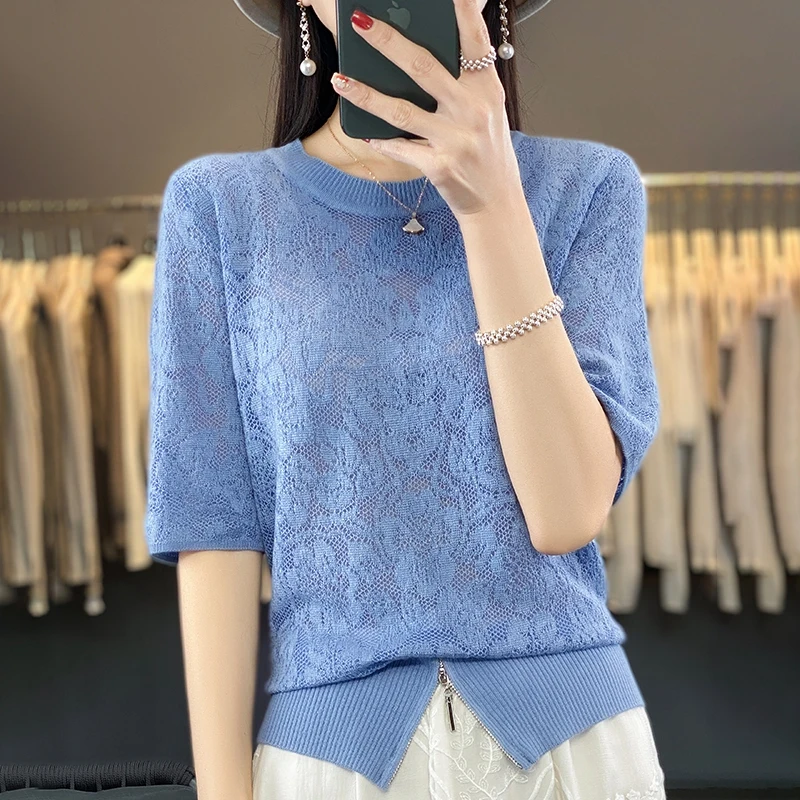 

Spring Summer New Women Wool Lace Sweater Half Sleeve Ladies O-Neck Thread Zipper At Hem Pullover Loose Casual Knit Thin Tops