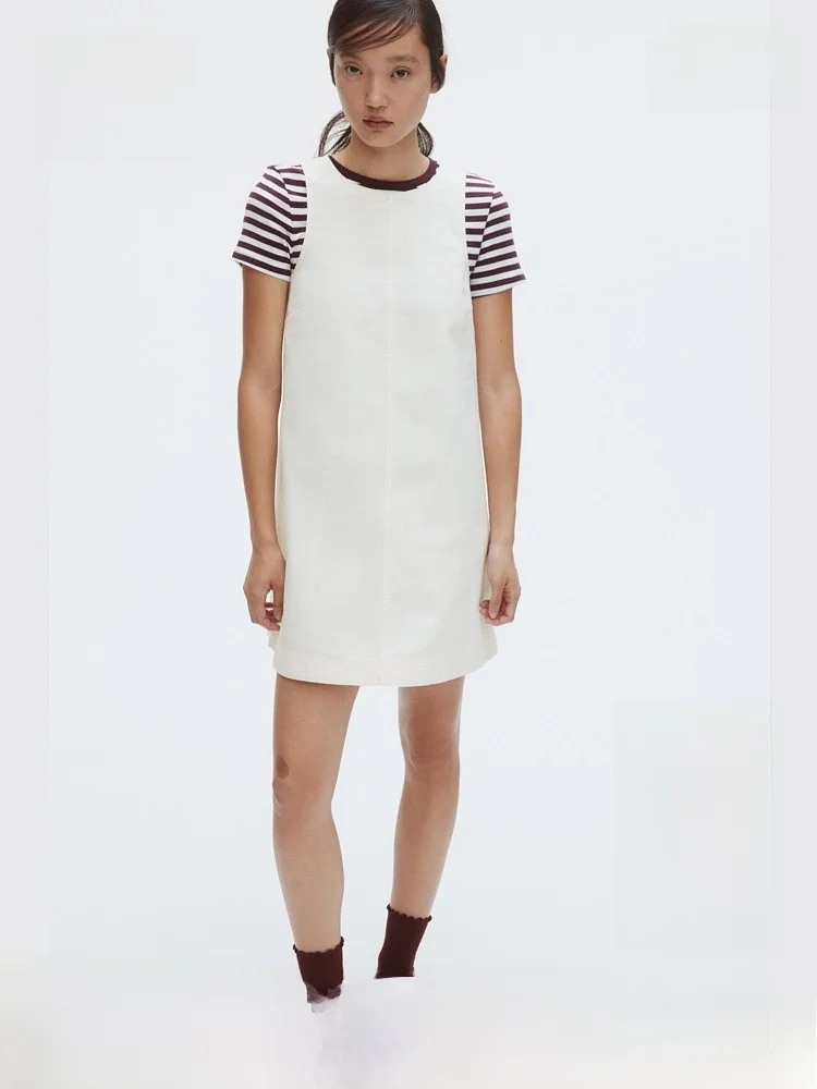 

H&M Spring Women's Svel Straight Dr Casual Sle Stand Fit Cotton Material Leisure Scene Ladies Dr