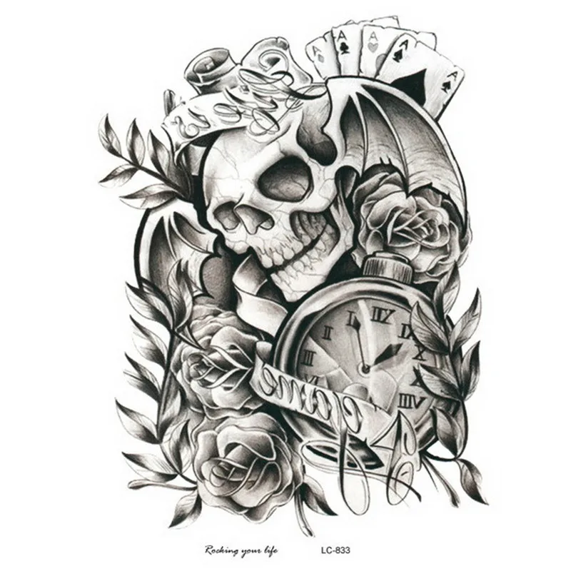 ملصق وشم مؤقت مضاد للمياه على شكل ذراع جمجمة كبيرة ملصقات وشم للمدرسة القديمة وشم فلاش رعب مزيف للرجال والنساء في الهالوين