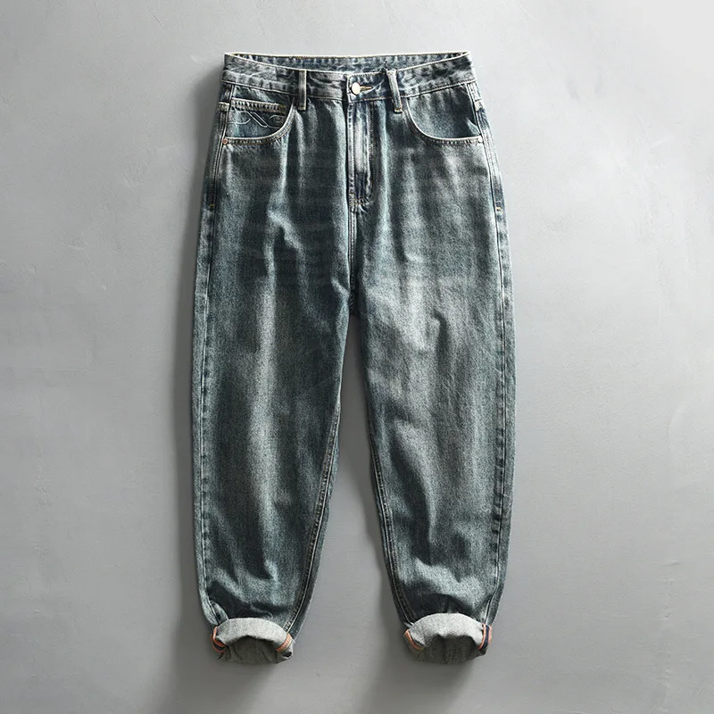 

Прямые мужские джинсы с вышивкой в стиле ретро, хлопковые повседневные длинные брюки большого размера, весна 2024, большие размеры