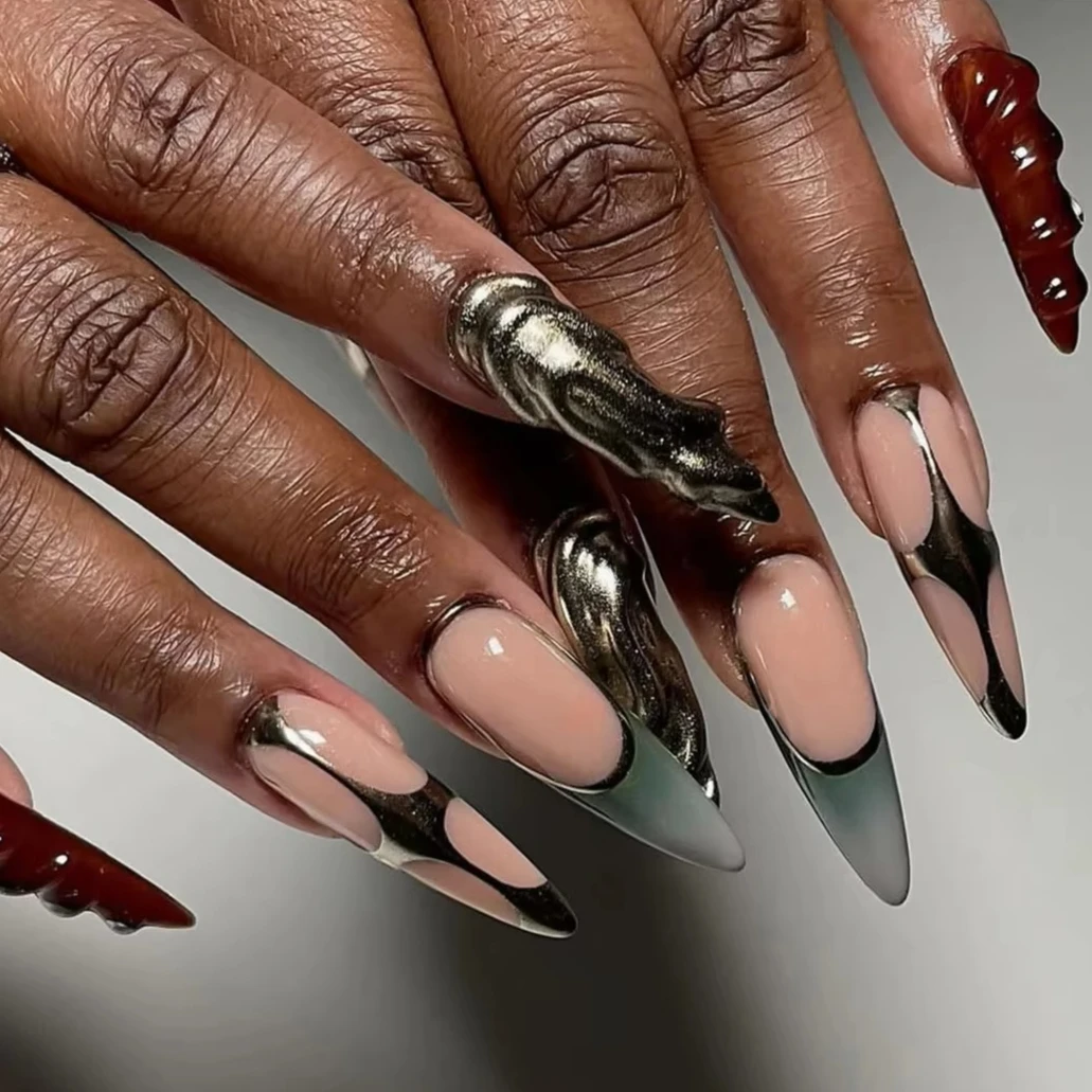 3D Water Ripple French Y2K Punk Glitter Powder Long Pointed Fake Nails Art False Nail Charm Tip Press on Nails DIY Manicure Tool