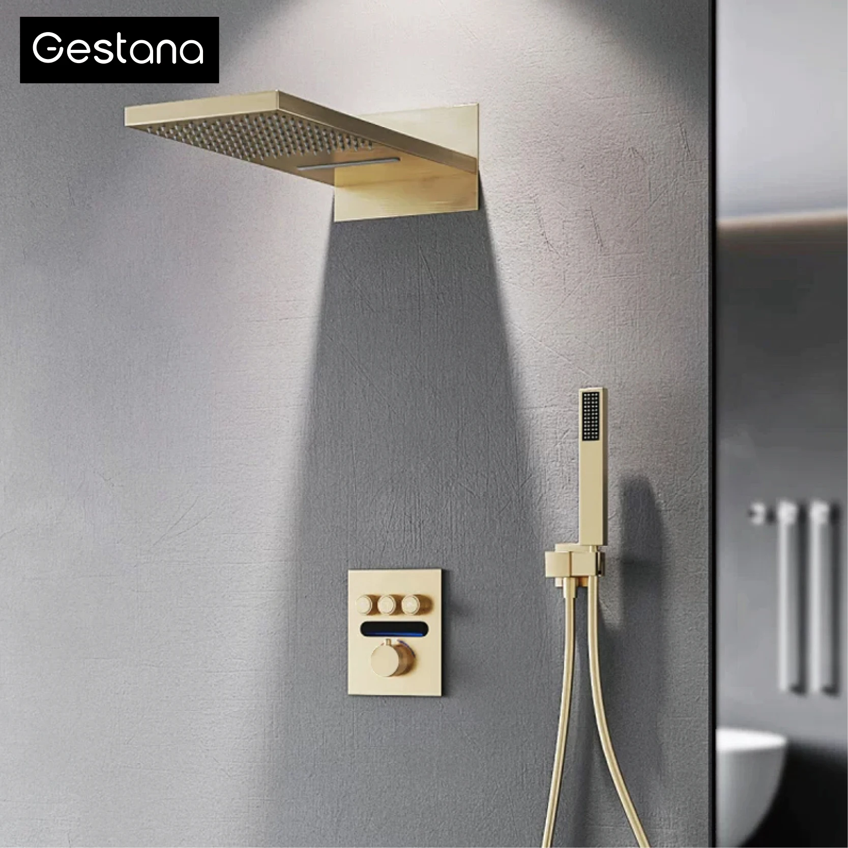 

Luxury brass brushed gold LED digital display constant temperature shower system with hot&cold water ceiling embedded bath Mixer