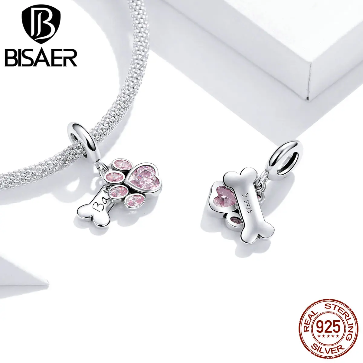 BISAER – breloques en argent Sterling 925, jolies perles en forme de patte de chiot, de chat, adaptées au collier et au Bracelet de bricolage, bijoux ECC1676