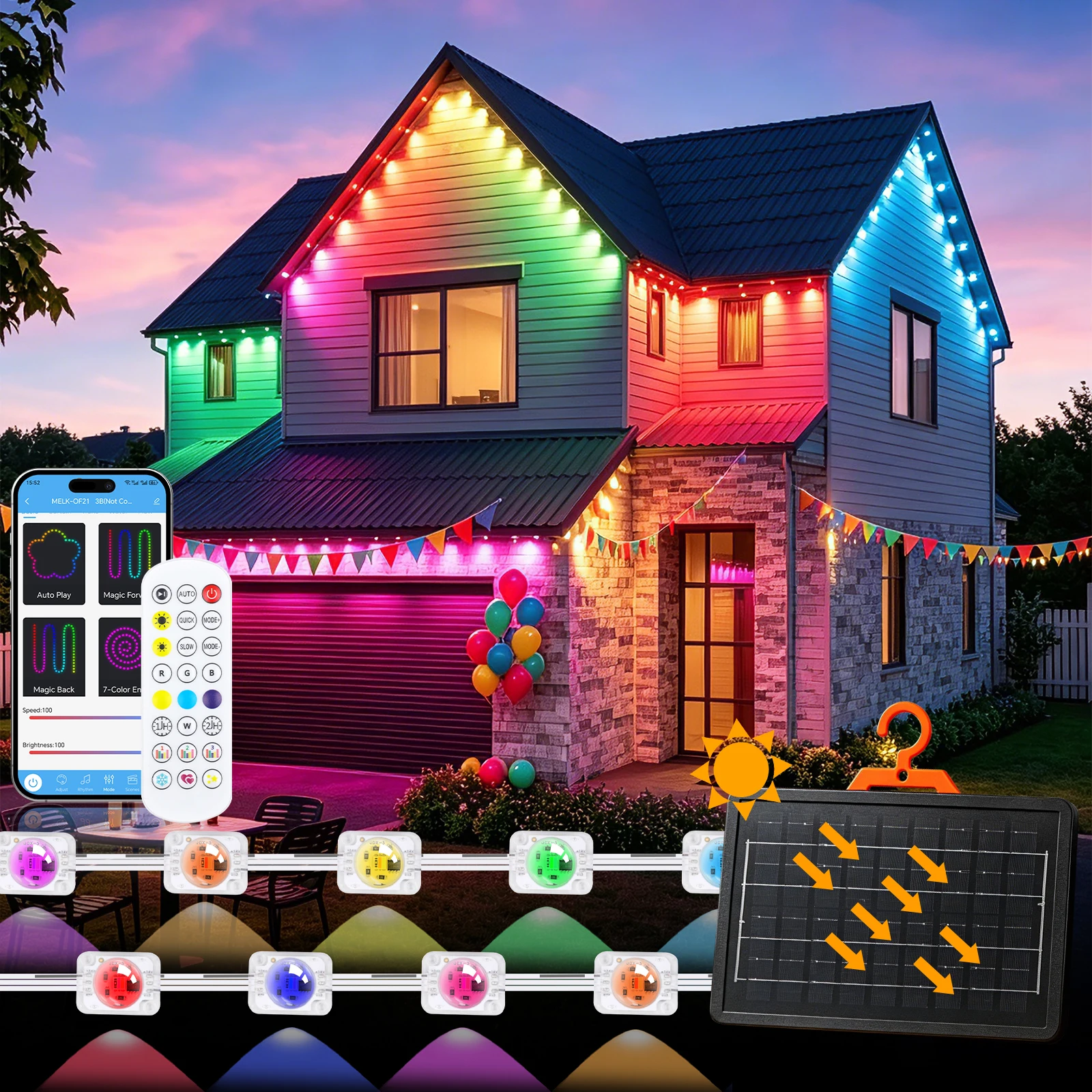 60M 45M 30M 15M Solar Eave Lights Permanent Outdoor Smart Bluetooth RGBCCT LED String Lights Christmas Birthday Garden DIY Decor