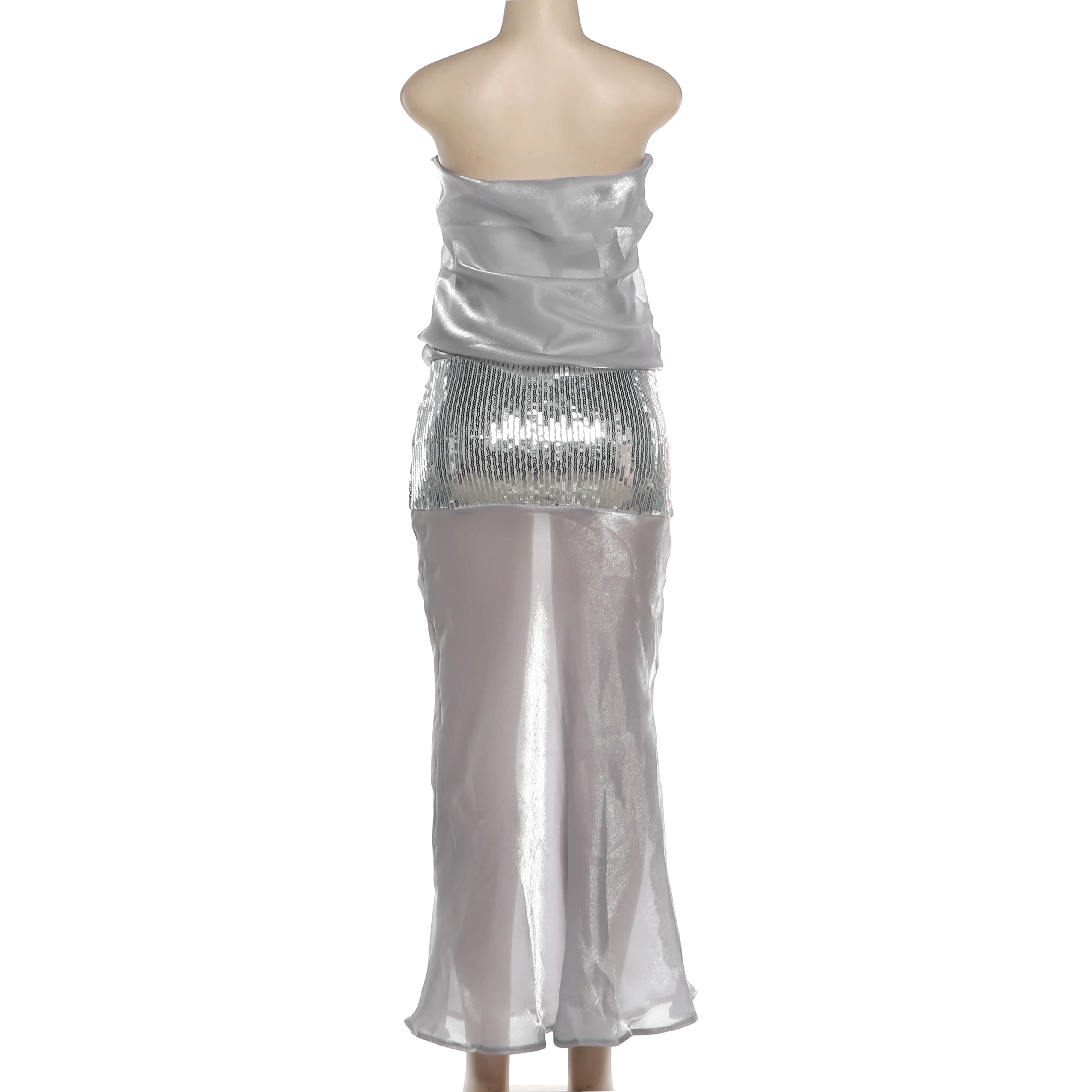 Nibber Modisches Kleid für Damen Sexy Sommer Schulterfreies Pailletten-Kleid Glänzendes Patchwork Mitternachts-Pfirsich Hüftbetonendes Sexy Clubwear Figurbetontes Maxi-Kleid – Detail 5