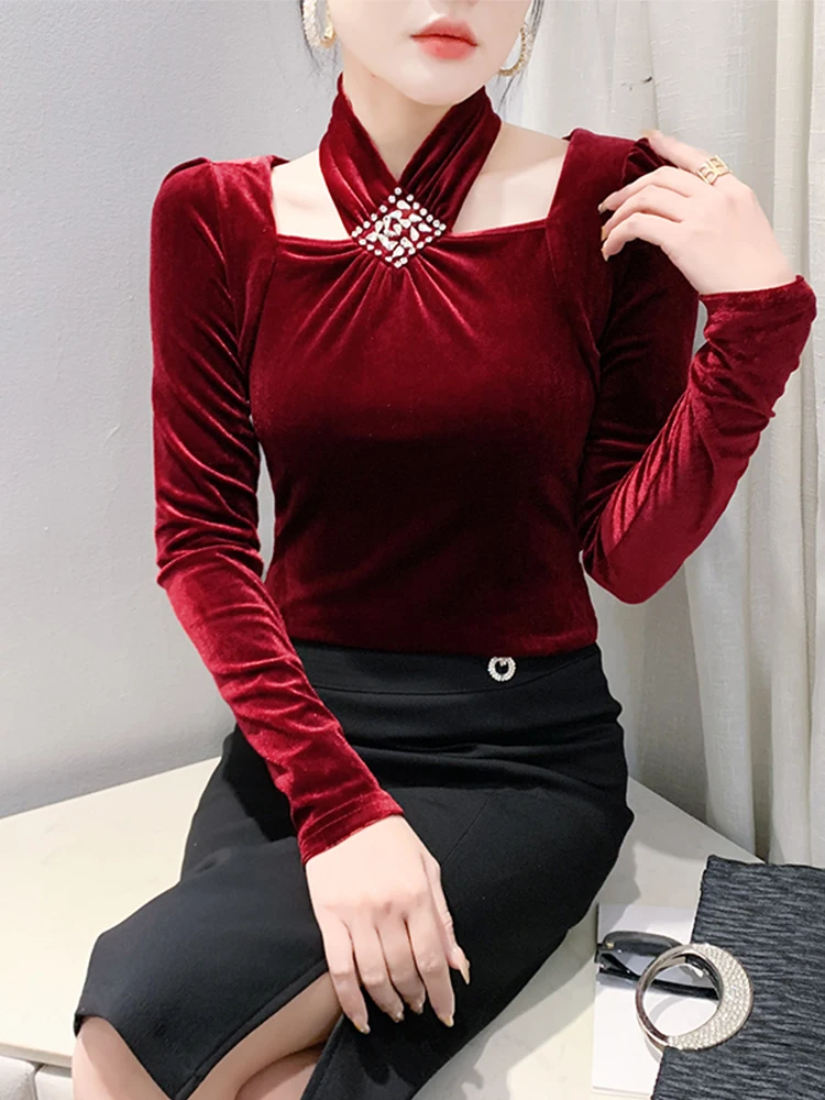 Sexy Samt-Langarmshirt für Damen, Frühlingsfest-Feier, Strass, schmal geschnitten, vielseitig, Trendy