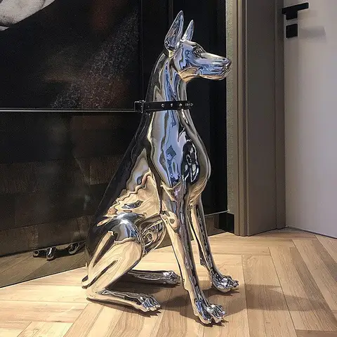 Home Decor Watchdog Chrome Sculpture Doberman Dog Small Size Art Animal Statues Figurine Room Garden Doorway