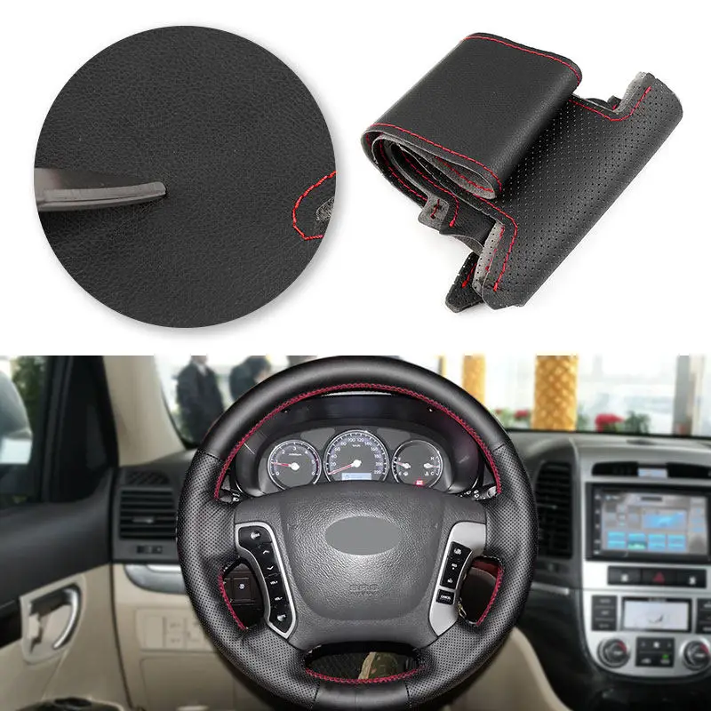 Perforated Leather Steering Wheel Cover For Hyundai Santa Fe 2006 2007 2008 2009 2010 2011 2012 Hand Sewing Car Interior Trim