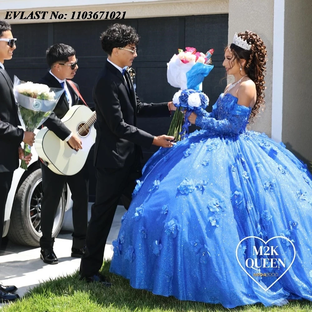 EVLAST-Vestido Princess Azul Royal Quinceanera, Manga Comprida, Applique Floral 3D, Miçangas, Doce 16 Vestido Mexicano, SQ426, 15 Anos