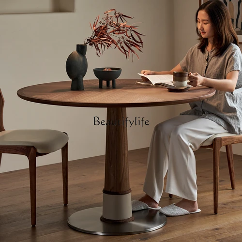 북아메리카 블랙 월넛 원목 라운드 테이블, 북유럽 가정 소형 아파트 식탁 