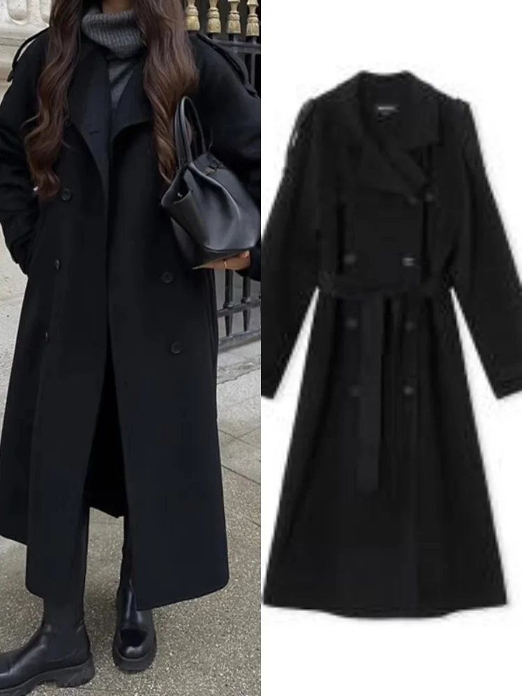 

Vintage Full Sleeve Long Coat Women Casual Lapel Double-breasted Loose Overcoat With Belt New Autumn Winter Female Streetwear