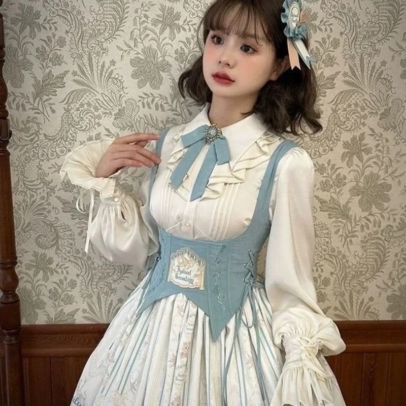 

Victorian Gothic Lolita Shirts Women Japanese Vintage Y2k Ruffles Gigot Sleeve Slim Blouses Female Elegant Sweet Princess Shirts