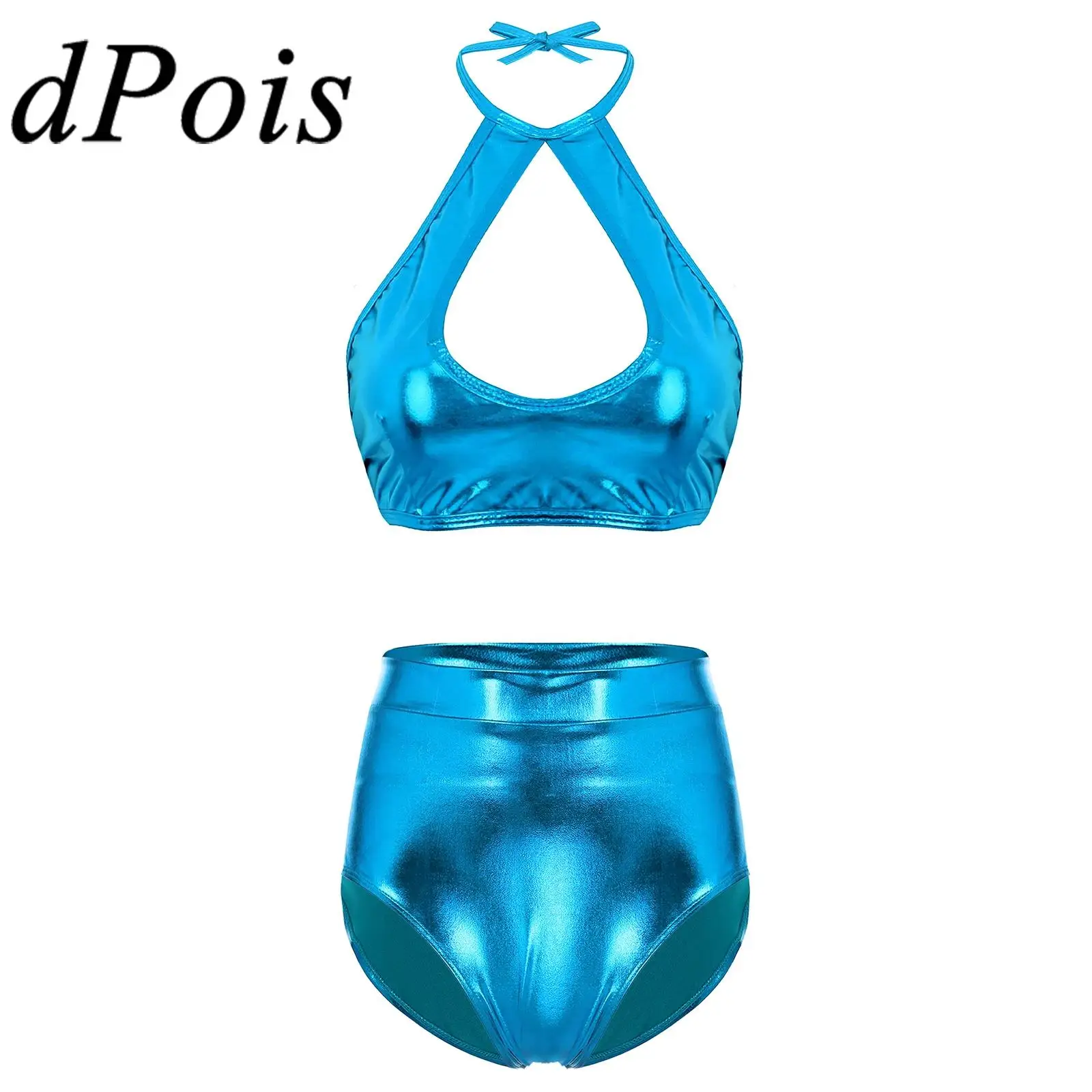 Womens Poledance Outfits Club Stage Costume Sleeveless Halter Cut Out Crop Top with Shiny Shorts for Party Music Festival Raves